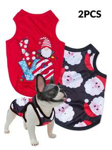2pcs/Set Christmas Santa Claus & Love Print Anti-Flea, Reduce Shedding, Insulated & Breathable Vest For Indoor/Outdoor Cats & Dogs