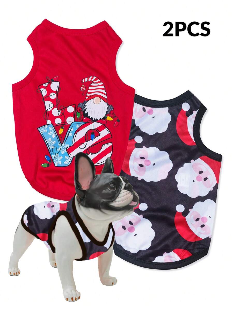 2pcs/Set Christmas Santa Claus & Love Print Anti-Flea, Reduce Shedding, Insulated & Breathable Vest For Indoor/Outdoor Cats & Dogs
