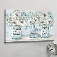 1 Pc White Flower Flower Vase Blue Butterfly Faith Hope Love Jesus Landscape Canvas Prints Christian Wall Art For Living Room Bedroom