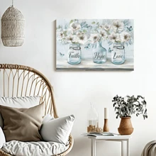 1 Pc White Flower Flower Vase Blue Butterfly Faith Hope Love Jesus Landscape Canvas Prints Christian Wall Art For Living Room Bedroom
