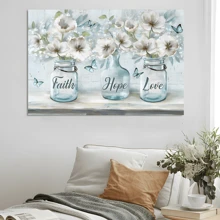 1 Pc White Flower Flower Vase Blue Butterfly Faith Hope Love Jesus Landscape Canvas Prints Christian Wall Art For Living Room Bedroom