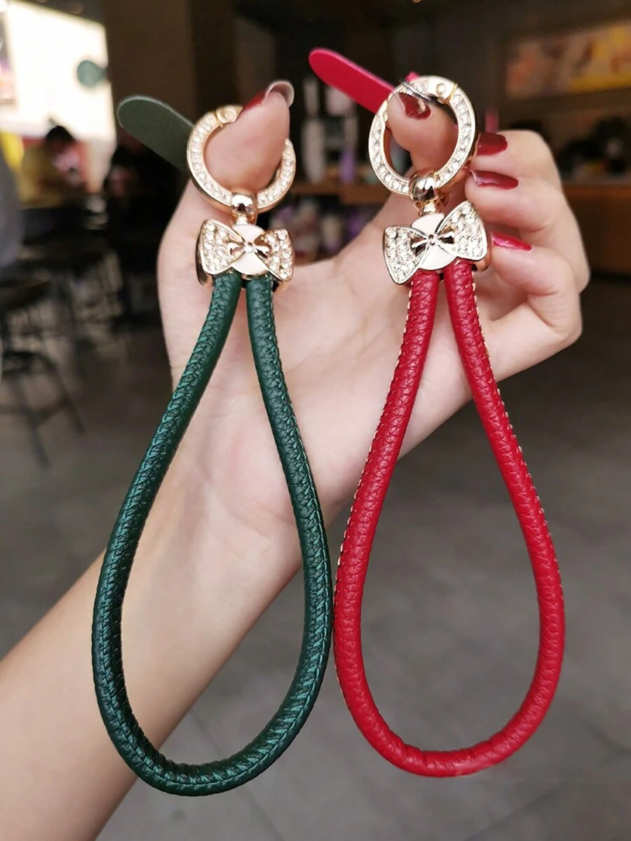 水钻蝴蝶结皮革腕带，女士时尚手机挂绳短款奢华装饰 - 彩色 - 查看 1