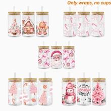 5pcs Pink Cute Christmas Santa Claus Candy Cane Bow Gingerbread Snowman UV Dtf Cup Wraps Transfer Sticker For Mug Bottle Cup Tumbler Waterproof & Scratch-Resistent UVDtf Cup Wraps Decal For Libbey Glass Cup DIY Craft Decorations Rub On Transfers Stickers For 16 Oz Libbey Glasses Crafting