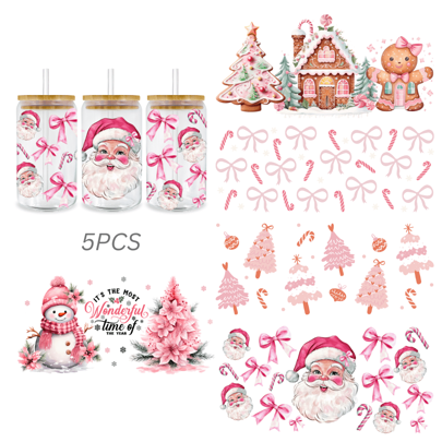5pcs Pink Cute Christmas Santa Claus Candy Cane Bow Gingerbread Snowman UV Dtf Cup Wraps Transfer Sticker For Mug Bottle Cup Tumbler Waterproof & Scratch-Resistent UVDtf Cup Wraps Decal For Libbey Glass Cup DIY Craft Decorations Rub On Transfers Stickers For 16 Oz Libbey Glasses Crafting