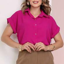 camisa feminina manga curta japonesa tecido duna com botão dourado redondo - Fúcsia - Visão 1