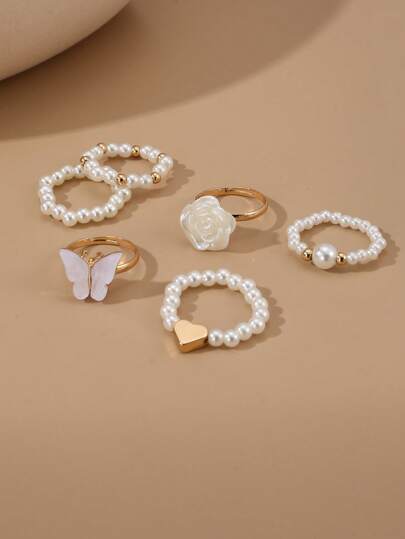6pcs/Set Girls' Butterfly, Pearl, Flower, Heart Shaped Ring Set