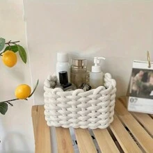 1 pièce Panier de rangement pour cosmétiques tressé, panier de rangement en corde, panier de rangement pour débris de bureau, panier de pique-nique portable, décoration de bureau, organisateur de maquillage, décoration de salle de bain, organisateur de maquillage d'été
