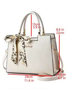 全新时尚女士手提包，纯色，大容量，配围巾 - 米色 - 查看 4