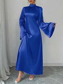 Damen Satin Schößchen Kleid mit Langarm und Rundhalsausschnitt