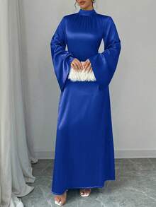 Damen Satin Schößchen Kleid mit Langarm und Rundhalsausschnitt