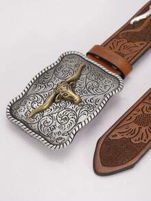 1 条装时尚压花棕色皮革复古风格男士牛仔腰带，饰有长角/合金西部复古德克萨斯长角牛扣复古男士腰带/火焰男士腰带搭配牛仔裤，适合派对、舞会、闪亮装饰、郊游、日常休闲外出穿着 - 牛頭 - 查看 3