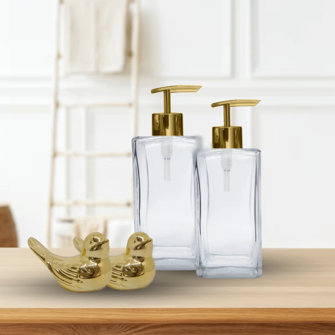 02 Square Glass Soap Dish 250ml With Gold Prime Pump Valve + Gold Decorative Bird - 白色 - 查看 1