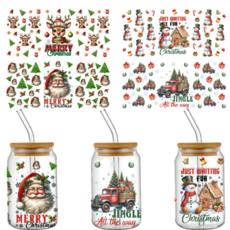 4pcs UV DTF Christmas Series Design Transfer Stickers, Suitable For 16oz Glass Cups Waterproof Stickers, Libbey Transfer Stickers, Stainless Steel Roller Vinyl Transfer Stickers, Colorful Design Decals, UV DTF, Applicable To Mugs, Refrigerators, Tumblers, Coffee Cups And Any Flat Objects, Waterproof DIY Decoration (Cup Not Included)