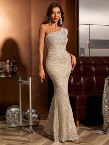 Vestido de noche elegante para invitados de boda con hombro asimétrico, con lentejuelas, manga 3/4, silueta de sirena ajustada, vestido de fiesta, vestido de gala, vestido de noche