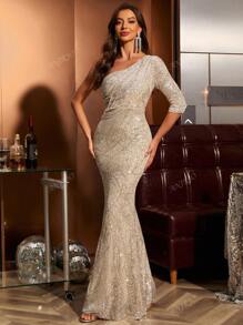 Vestido de noche elegante para invitados de boda con hombro asimétrico, con lentejuelas, manga 3/4, silueta de sirena ajustada, vestido de fiesta, vestido de gala, vestido de noche