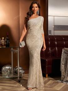 Vestido de noche elegante para invitados de boda con hombro asimétrico, con lentejuelas, manga 3/4, silueta de sirena ajustada, vestido de fiesta, vestido de gala, vestido de noche