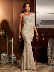 优雅婚礼宾客不对称肩部亮片装饰七分袖修身美人鱼礼服、派对礼服、正式礼服、晚礼服、长袍 - 香檳色 - 查看 6