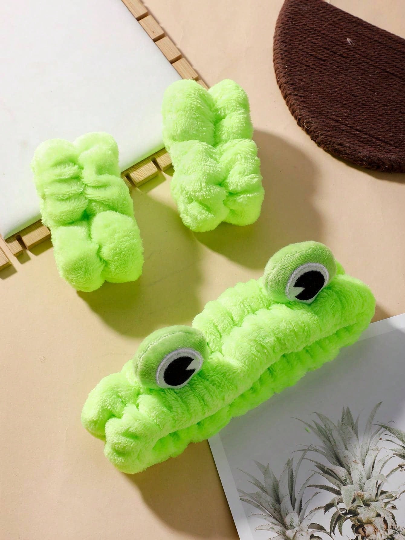 3 pezzi Set di fascia per capelli e fascia per polso da bagno con design a rana cartoni animati verde, fascia per capelli e fascia per polso da bagno, decorazione per il bagno di casa, decorazione autunnale, ritorno a scuola