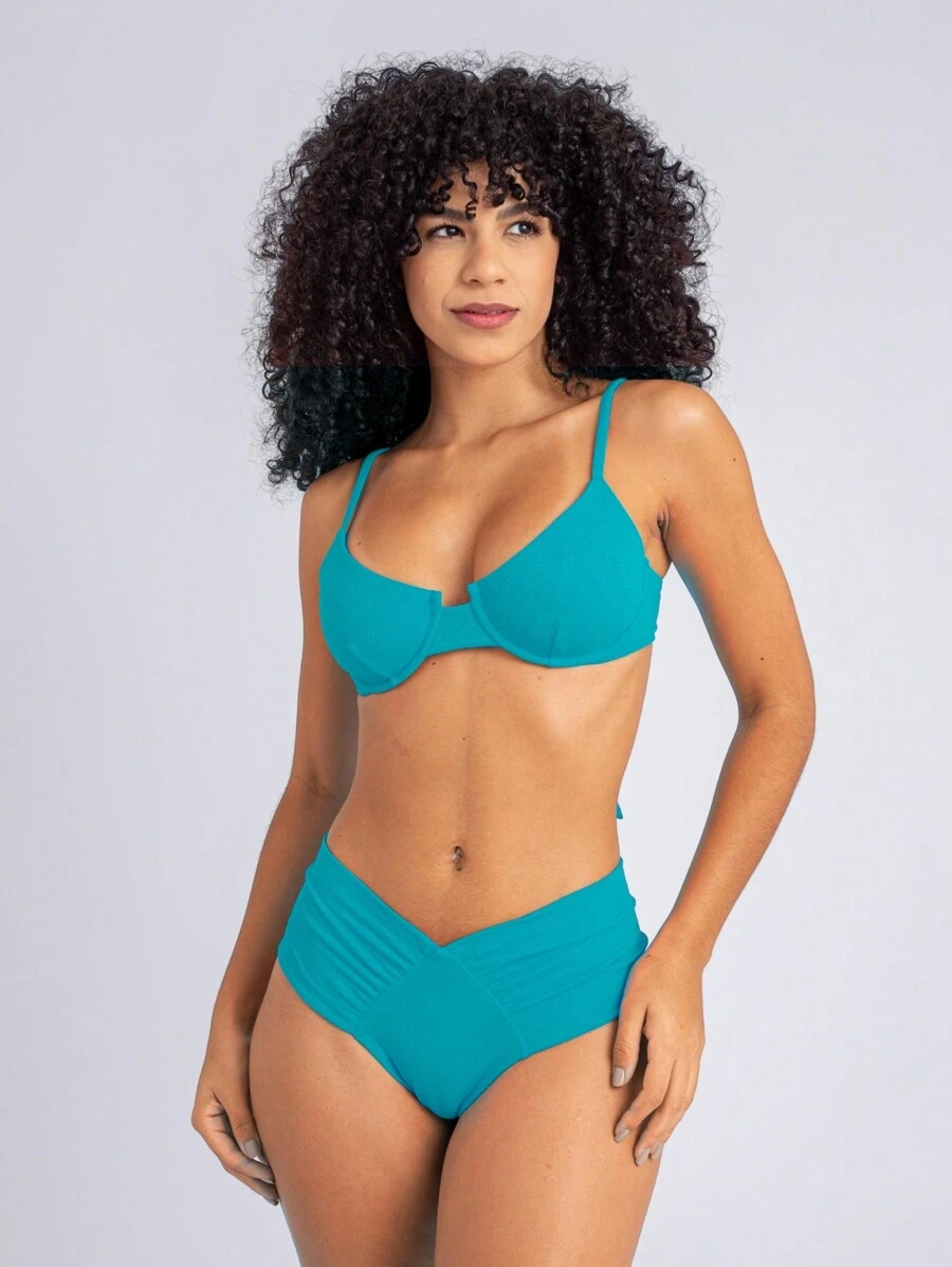 Bikini Set With Lipo Effect Panties, High Waistband, Textured Fabric, High-Support Half-Cup Top With Removable Underwire Padding And Lined Adjustable Straps - 水鴨藍 - 查看 1