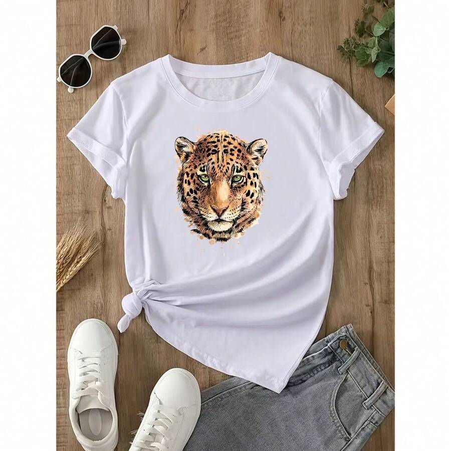 Women's T-Shirt Leopard T-Shirt Tumblr Beautiful 100% Cotton - 白色 - 查看 1