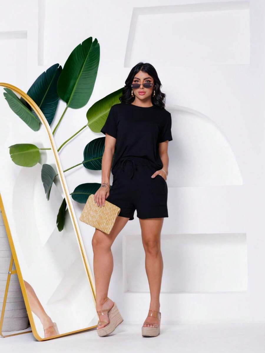 Women's Set Of Comfortable Sweatshirt Shorts And Blouse - 黑色 - 查看 1