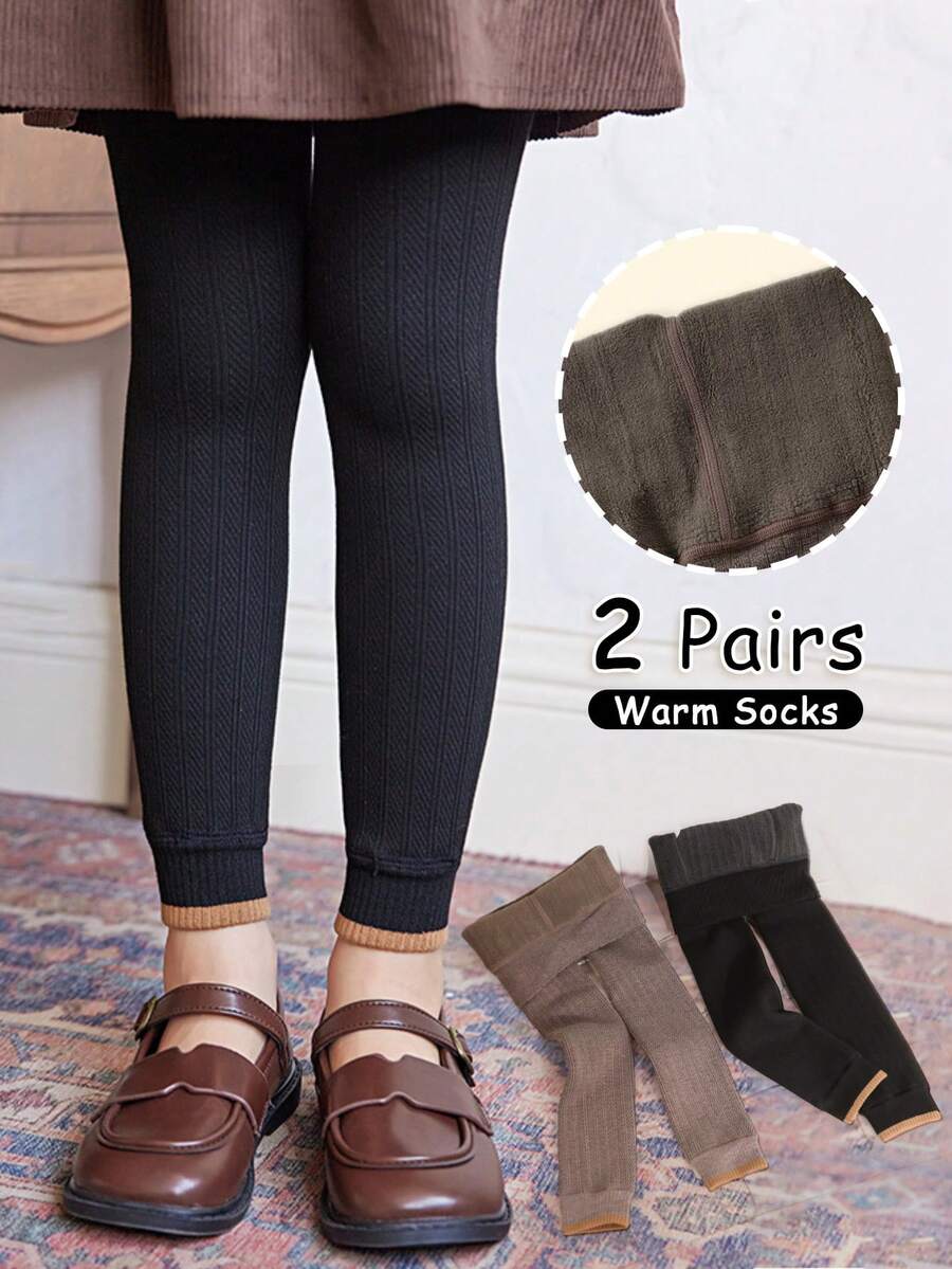 2 quần legging cho bé gái, quần dài đến mắt cá chân có gân Colorblock, quần dài đến mắt cá chân có lót nhiệt dày, quần co giãn thoải mái mềm mại, mặc ấm vào mùa đông, làm quà tặng thời trang hàng ngày hoặc ngày lễ - Nhiều màu - Xem 1