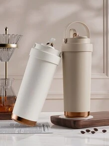 1pc High-Capacity, Stylish Ceramic Lined Double Wall Vacuum Insulated Water Bottle/Coffee Mug With Straw, Portable Back To School