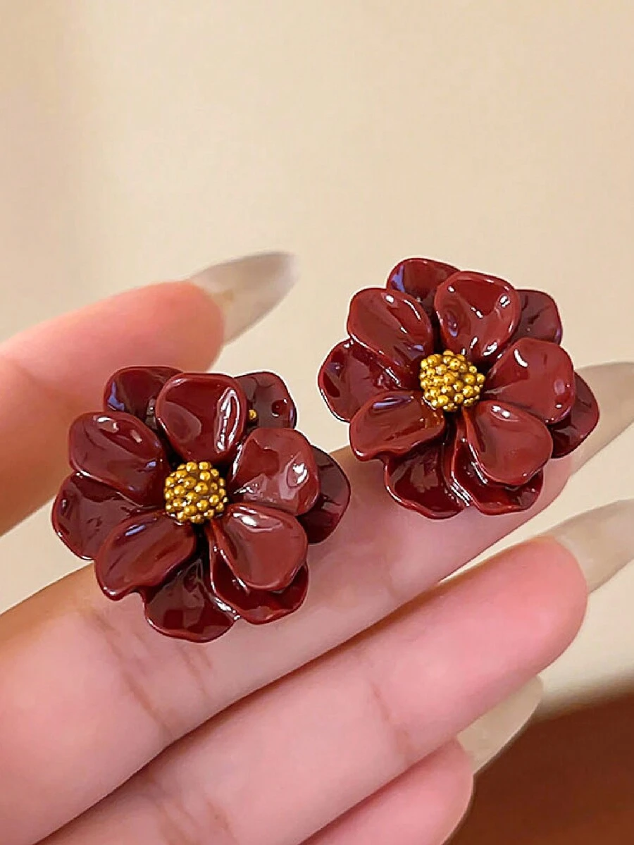1 Cặp khuyên tai hoa màu đỏ tía thanh lịch cổ điển, đa năng cho trang phục hàng ngày của phụ nữ mọi mùa, quà tặng Giáng sinh và năm mới - Màu Đỏ Sâu - Xem 1