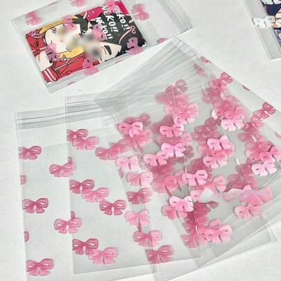 50pcs Aesthetic Pink Bow Self-Adhesive Bag Photo Card Ziplock Bag Packing Card Gift Bag Transparent Cute Opp Bag Back To School