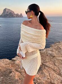 Women's Summer Beach Vacation Solid Color Off-Shoulder Hollow Sheer Long Sleeve Dress - Apricot - View 4