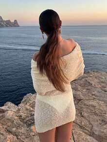 Women's Summer Beach Vacation Solid Color Off-Shoulder Hollow Sheer Long Sleeve Dress - Apricot - View 5