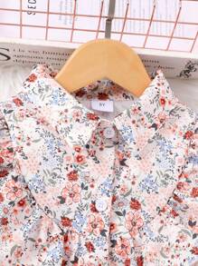 女童长袖花卉印花网眼连衣裙（配编织腰带） - 棕色 - 查看 3