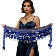 肚皮舞臀部围巾，肚皮舞裙裹带亮片硬币，适合肚皮舞、尊巴舞、化妆舞会或瑜伽课 - 彩色 - 查看 2