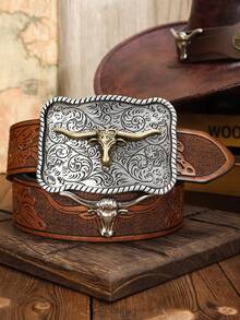 1 条装时尚压花棕色皮革复古风格男士牛仔腰带，饰有长角/合金西部复古德克萨斯长角牛扣复古男士腰带/火焰男士腰带搭配牛仔裤，适合派对、舞会、闪亮装饰、郊游、日常休闲外出穿着 - 牛頭 - 查看 8