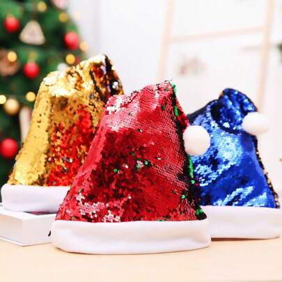 1pc Christmas Reversible Double-Sided Sequin Hat, Colorful Beaded Flip Sequin Antlers Santa Cap For Adults, Changeable Color, Holiday Decor Essential Best Gifts Birthday Home Decor Christmas Decorations Room Decor Winter