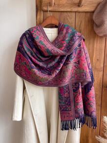 1pc Women Vintage Paisley Floral Jacquard Bohemian Style Tasseled Scarf/Shawl, Warm & Soft For Autumn/Winter Travel - Multicolor - View 10