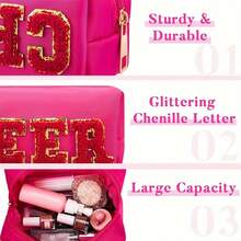 Bộ 3 túi đựng đồ trang điểm Cheer Túi đựng chữ Chenille Túi đựng đồ trang điểm Cheer màu hồng nóng Túi đựng mỹ phẩm Cheer Quà tặng cho đội cổ vũ Túi đựng đồ trang điểm du lịch bằng nylon di động Túi đựng đồ vệ sinh cá nhân cho phụ nữ và trẻ em gái - Nhiều màu - Xem 5