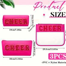 Bộ 3 túi đựng đồ trang điểm Cheer Túi đựng chữ Chenille Túi đựng đồ trang điểm Cheer màu hồng nóng Túi đựng mỹ phẩm Cheer Quà tặng cho đội cổ vũ Túi đựng đồ trang điểm du lịch bằng nylon di động Túi đựng đồ vệ sinh cá nhân cho phụ nữ và trẻ em gái - Nhiều màu - Xem 3