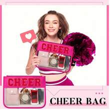 Bộ 3 túi đựng đồ trang điểm Cheer Túi đựng chữ Chenille Túi đựng đồ trang điểm Cheer màu hồng nóng Túi đựng mỹ phẩm Cheer Quà tặng cho đội cổ vũ Túi đựng đồ trang điểm du lịch bằng nylon di động Túi đựng đồ vệ sinh cá nhân cho phụ nữ và trẻ em gái - Nhiều màu - Xem 4