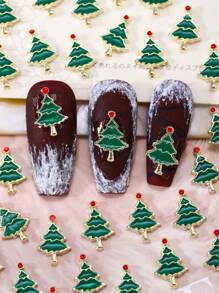 10pcs Green European And American Style Christmas Tree Nail Charms Cartoon Ins Style Christmas Art Nail Decoration Alloy Rhinestone Y2k Metal Style DIY Nail Art Decoration Nail Flash Metal Diamond Luxurious And Exquisite Three-Dimensional Metal Nail Decorations, Fake Nail Decoration Accessories Nail Supplies - Green - View 1