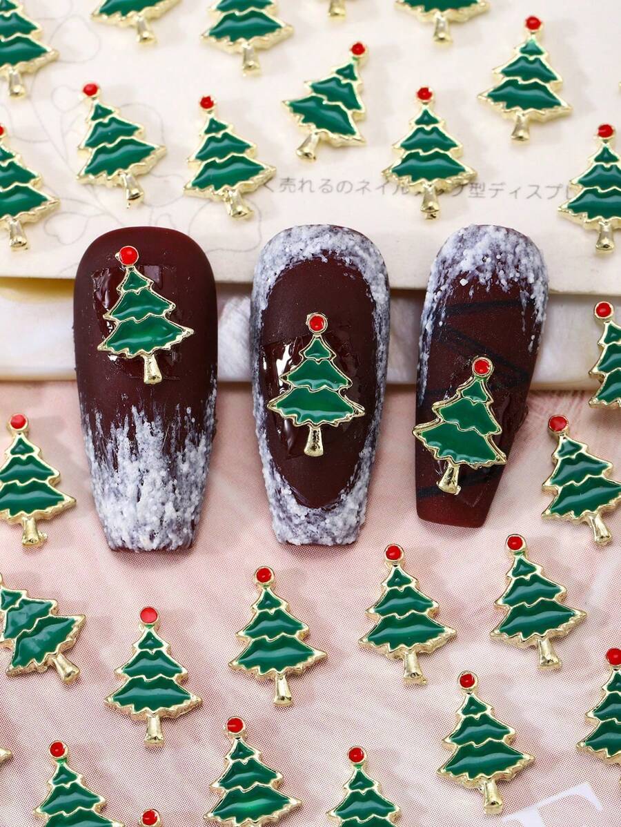 10pcs Green European And American Style Christmas Tree Nail Charms Cartoon Ins Style Christmas Art Nail Decoration Alloy Rhinestone Y2k Metal Style DIY Nail Art Decoration Nail Flash Metal Diamond Luxurious And Exquisite Three-Dimensional Metal Nail Decorations, Fake Nail Decoration Accessories Nail Supplies - Green - View 1
