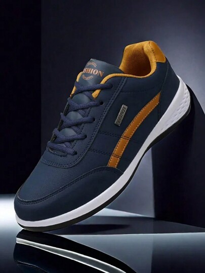 2024 New Teens Running Shoes, Patchwork Leather Upper, Fashionable Solid Color, Flat, Minimalist Skate Shoes, Campus Style, Students Outdoor, Versatile, Men Tennis Shoes, Casual Commute Walking Sneakers