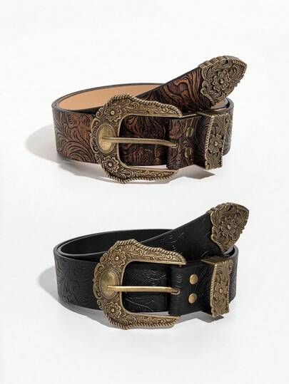 2 件套女士复古压花西式扣牛仔腰带，适合音乐节服装和配饰夏季、学校秋季、秋季、万圣节