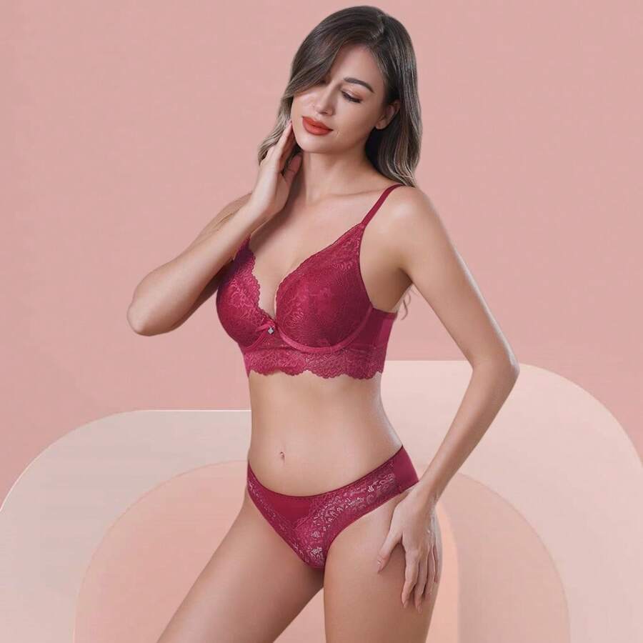Z&D Lingerie Set With Lace Underwire And Padded Thong Panties 8063 - Burgundy - View 1