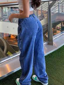 Mid Rise Cargo Jeans Women Elastic Waist Stretch Wide Leg Denim Pants With Pockets Baggy Streetwear Pants Y2k - 深色水洗藍 - 查看 4