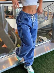 Mid Rise Cargo Jeans Women Elastic Waist Stretch Wide Leg Denim Pants With Pockets Baggy Streetwear Pants Y2k - 深色水洗藍 - 查看 2