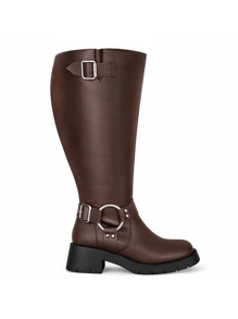 lumeheel Brown Wide Calf Boots For Women - Knee High Square Toe Wide Width Platform Plus Size Tall Boots With Side Zip, Mental Buckle Chunky Heel Wide Leg Fashion Motorcycle Boot For Fall Winter - 棕色 - 查看 7