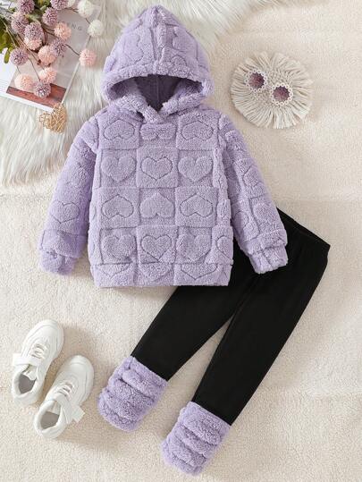 2pcs Young Girl Comfortable Hooded Sweatshirt And Plain Thermal Lined Leggings Set, Daily Casual Wear For Winter