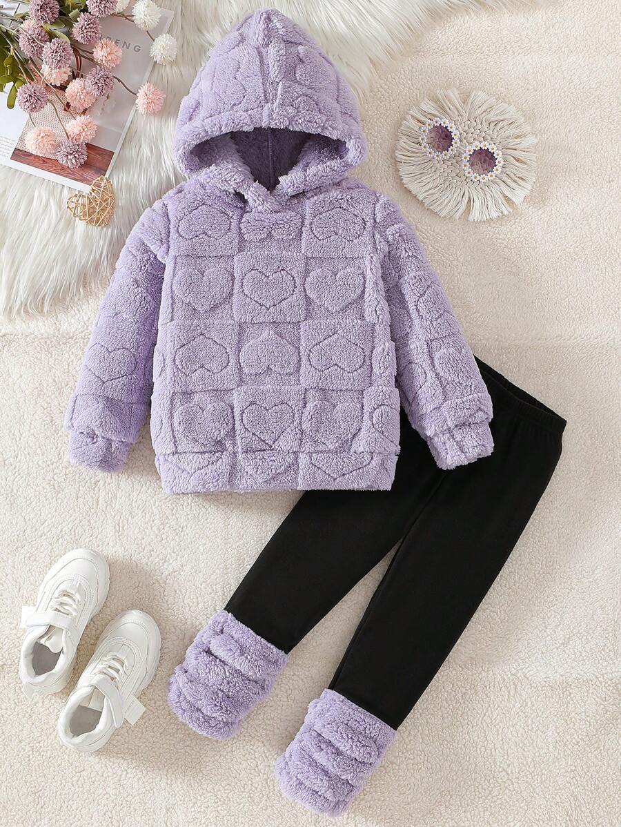2pcs Young Girl Comfortable Hooded Sweatshirt And Plain Thermal Lined Leggings Set, Daily Casual Wear For Winter - Mauve Purple - View 1
