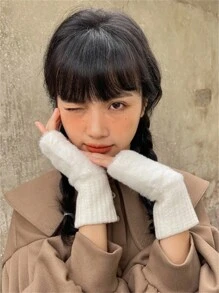 1 双触摸屏保暖手套，纯色休闲可爱蓬松半指手套，适合学生、办公室打字、骑自行车、万圣节、秋冬季 - 白色 - 查看 7